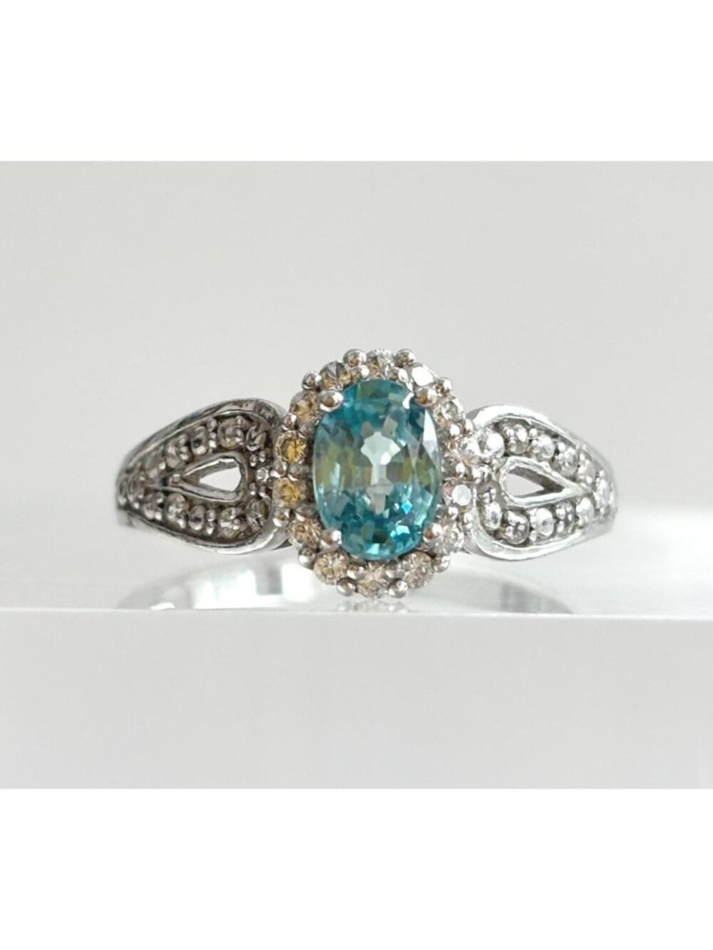 Blue Topaz Halo Style Multi Gemstone Sterling Silver 925 Vintage Ring - sz 8